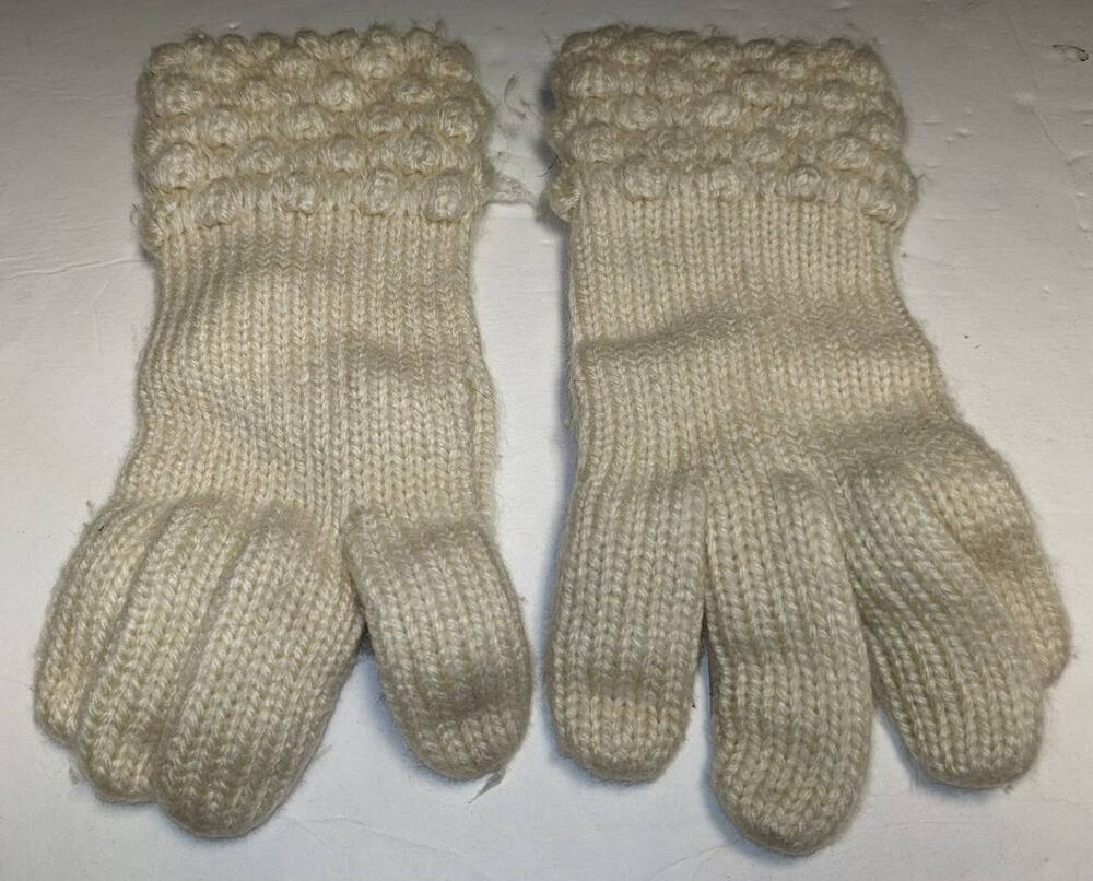 Vintage Cream Knit Winter Driving Gloves Faux Leather Palms Bubble Stitch Cuffs